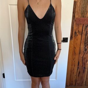 Windsor Black Bodycon Mini Dress with Spaghetti Straps and Plunge Neckline